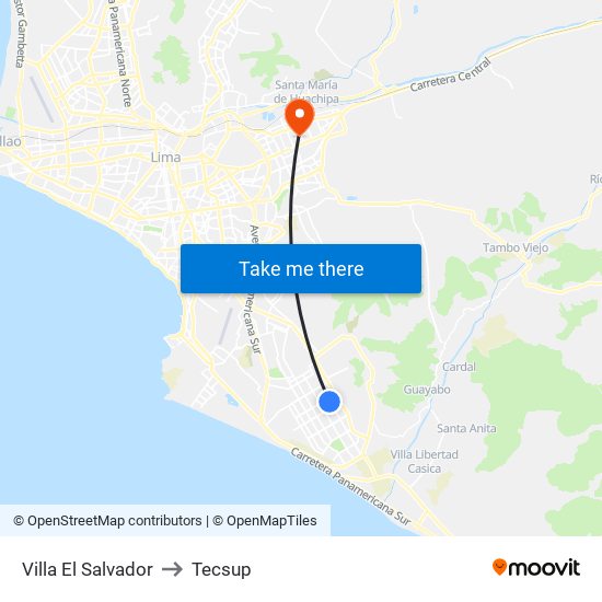 Villa El Salvador to Tecsup map