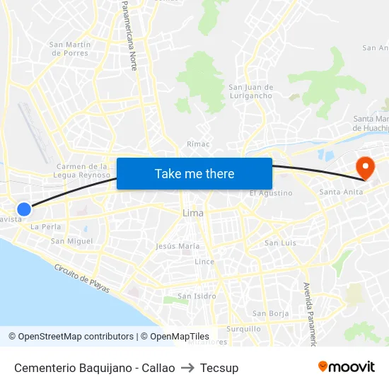 Cementerio Baquijano - Callao to Tecsup map