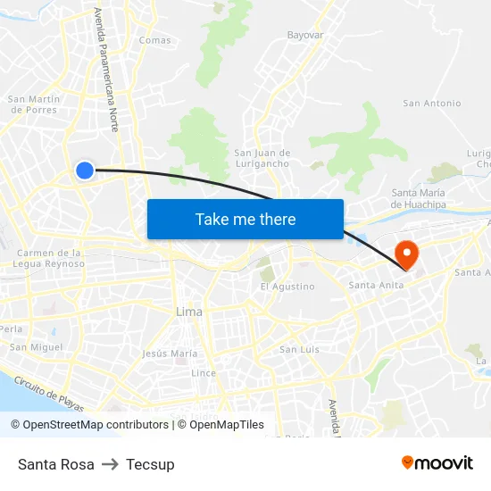 Santa Rosa to Tecsup map