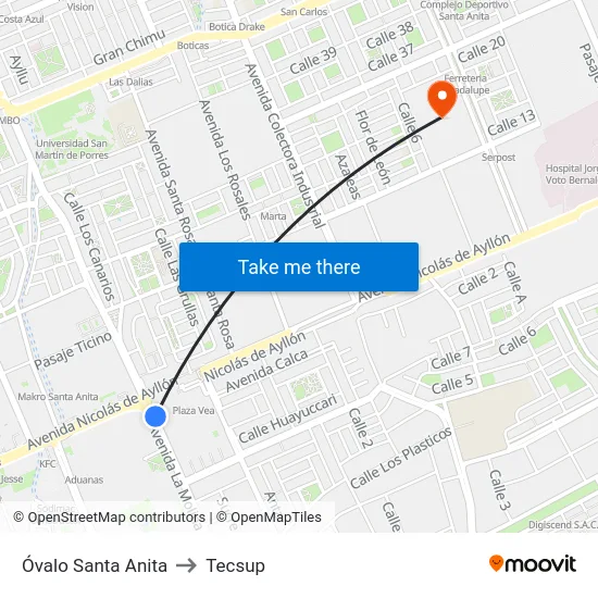 Óvalo Santa Anita to Tecsup map