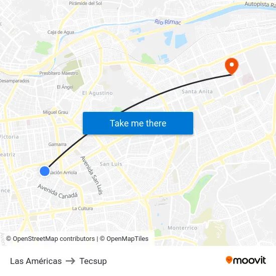 Las Américas to Tecsup map