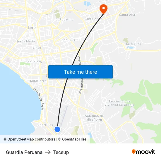 Guardia Peruana to Tecsup map