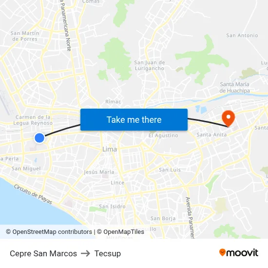 Cepre San Marcos to Tecsup map