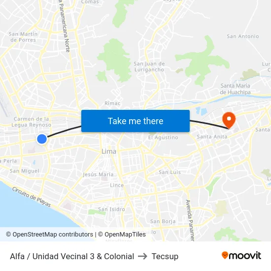 Alfa / Unidad Vecinal 3 & Colonial to Tecsup map