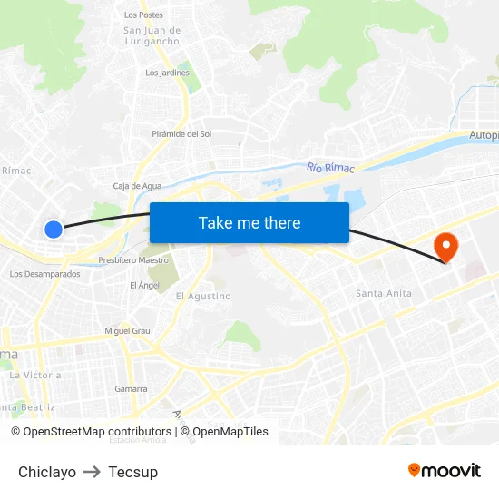 Chiclayo to Tecsup map