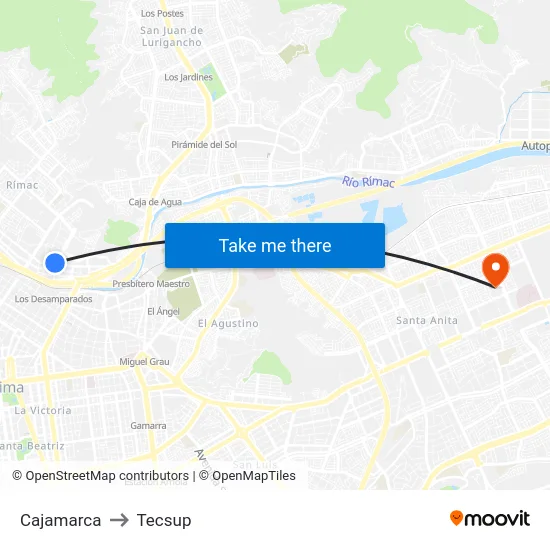 Cajamarca to Tecsup map