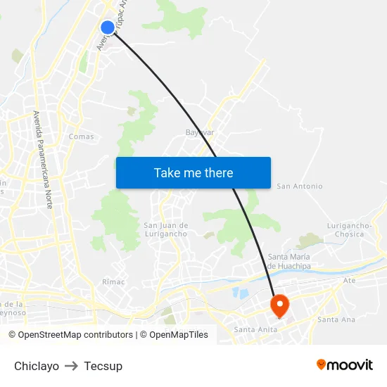 Chiclayo to Tecsup map