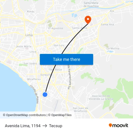 Avenida Lima, 1194 to Tecsup map