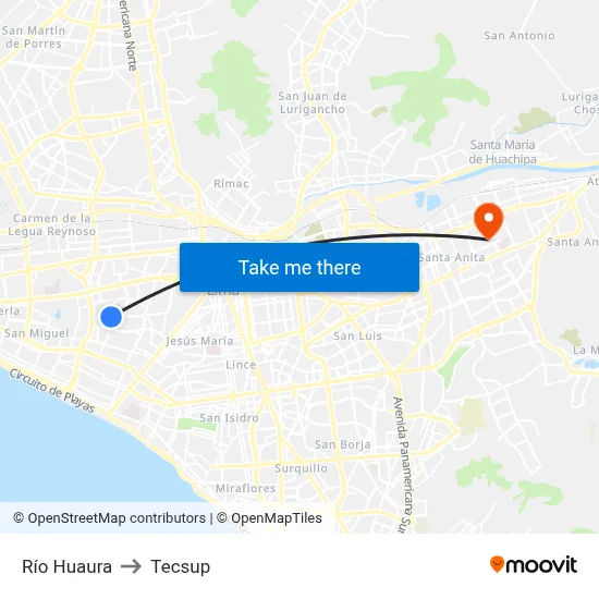 Río Huaura to Tecsup map