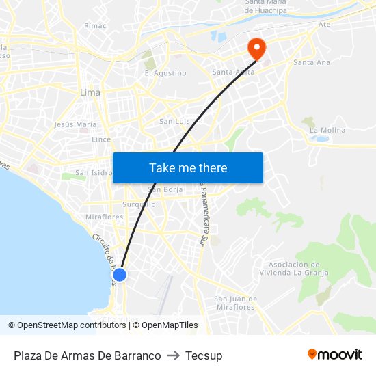 Plaza De Armas De Barranco to Tecsup map