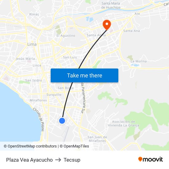 Plaza Vea Ayacucho to Tecsup map