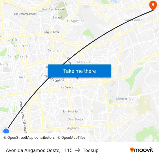 Avenida Angamos Oeste, 1115 to Tecsup map