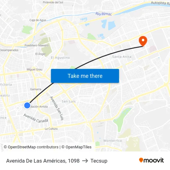 Avenida De Las Américas, 1098 to Tecsup map