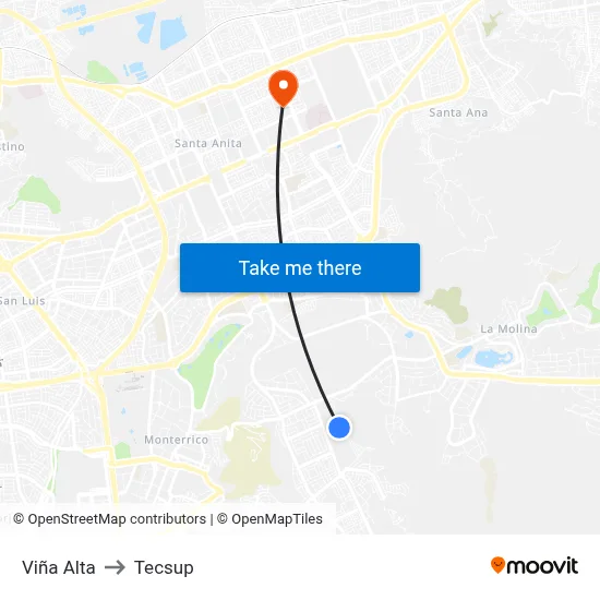 Viña Alta to Tecsup map