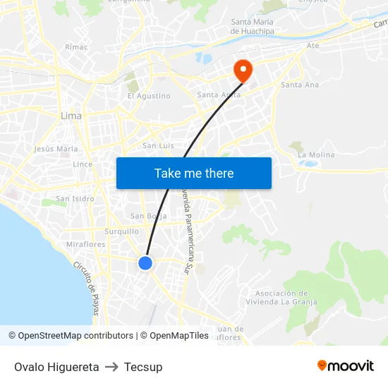 Ovalo Higuereta to Tecsup map