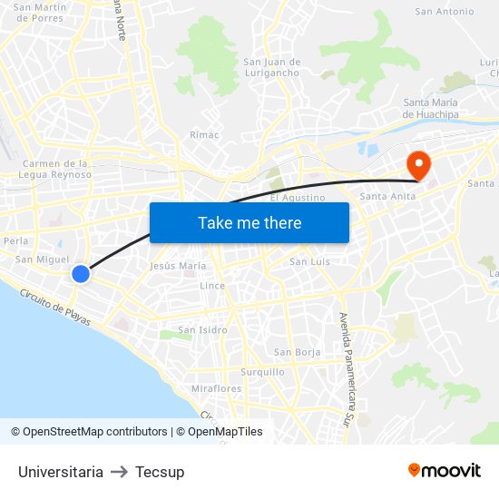 Universitaria to Tecsup map