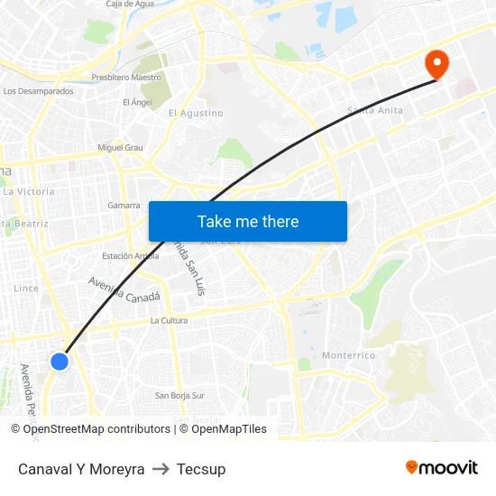 Canaval Y Moreyra to Tecsup map