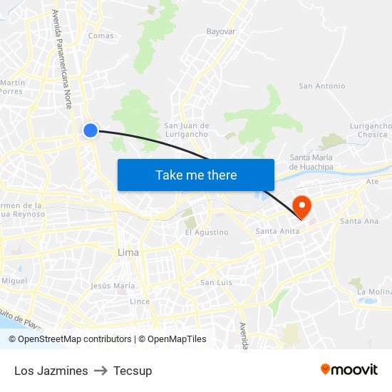 Los Jazmines to Tecsup map