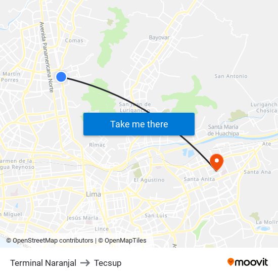 Terminal Naranjal to Tecsup map