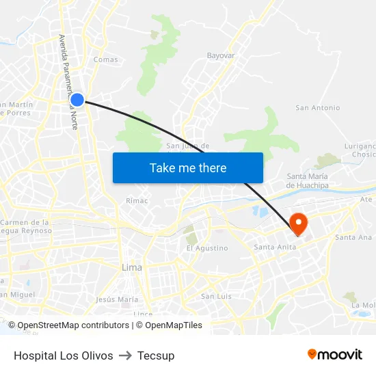 Hospital Los Olivos to Tecsup map