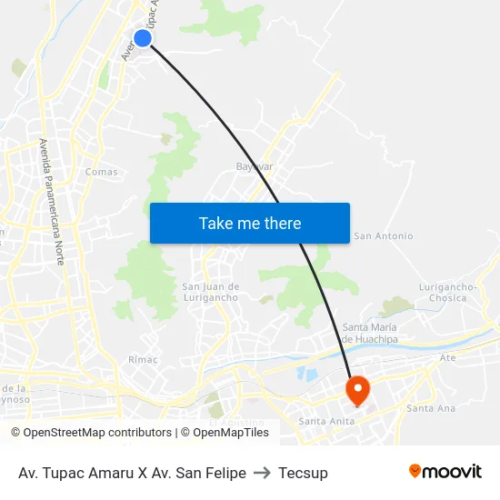 Av. Tupac Amaru X Av. San Felipe to Tecsup map