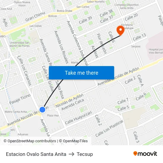 Estacion Ovalo Santa Anita to Tecsup map