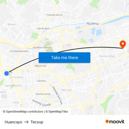 Huancayo to Tecsup map