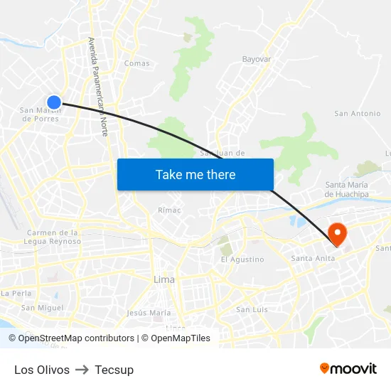 Los Olivos to Tecsup map