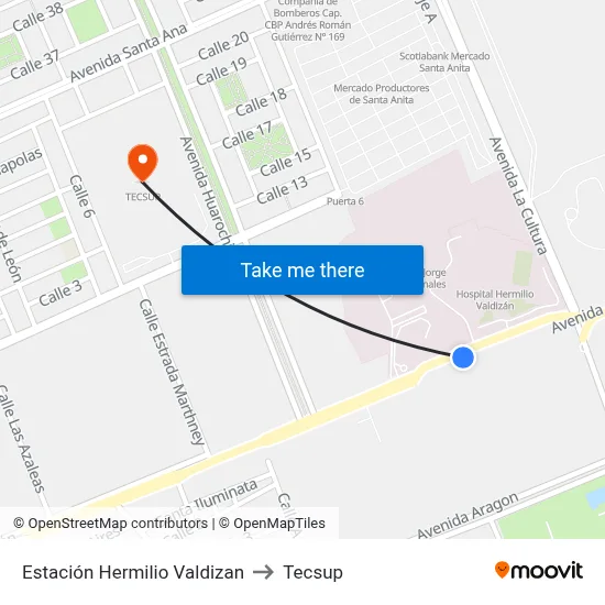 Estación Hermilio Valdizan to Tecsup map
