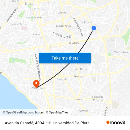 Avenida Canadá, 4094 to Universidad De Piura map