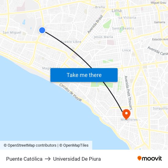 Puente Católica to Universidad De Piura map