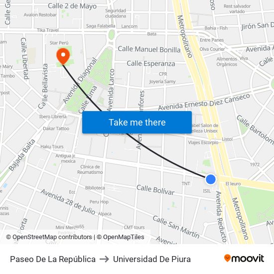 Paseo De La República to Universidad De Piura map