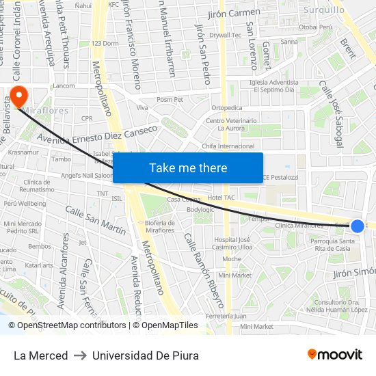 La Merced to Universidad De Piura map