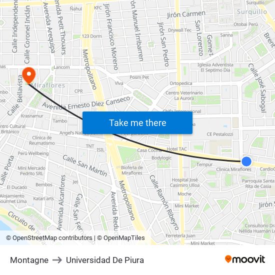 Montagne to Universidad De Piura map