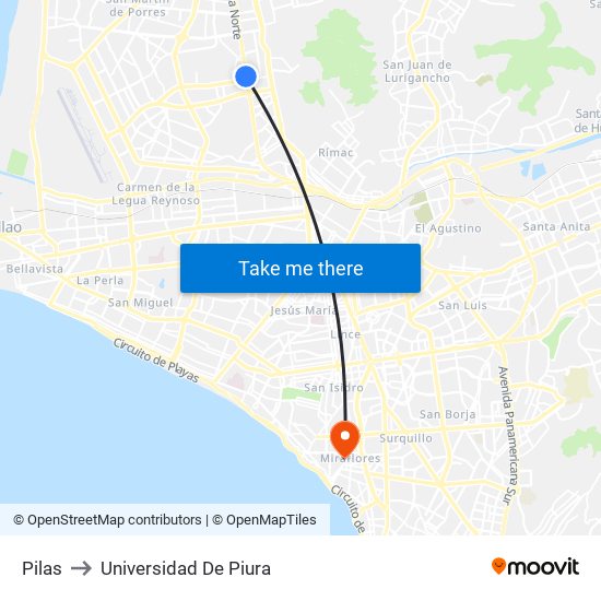 Pilas to Universidad De Piura map