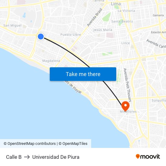 Calle B to Universidad De Piura map