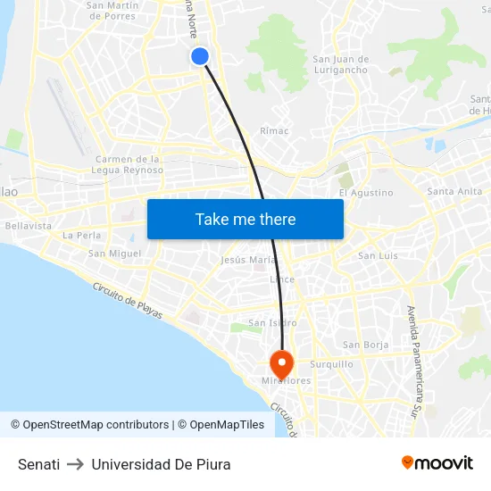 Senati to Universidad De Piura map