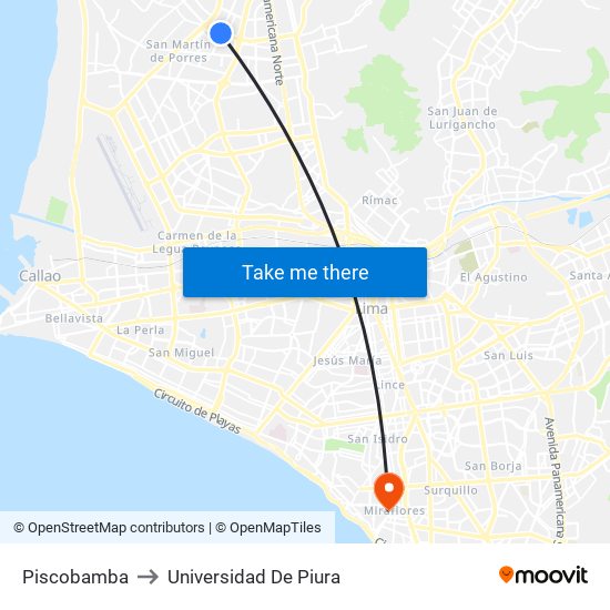 Piscobamba to Universidad De Piura map