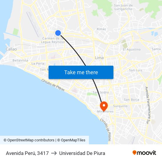 Avenida Perú, 3417 to Universidad De Piura map