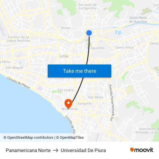 Panamericana Norte to Universidad De Piura map