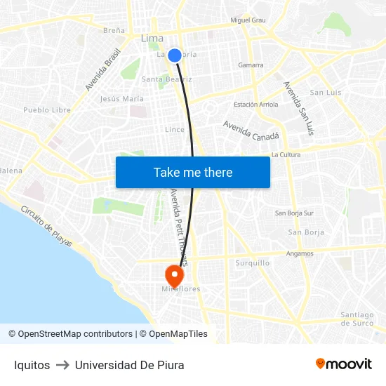 Iquitos to Universidad De Piura map