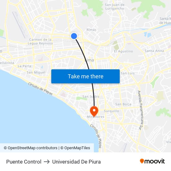 Puente Control to Universidad De Piura map