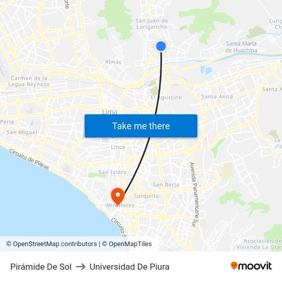 Pirámide De Sol to Universidad De Piura map
