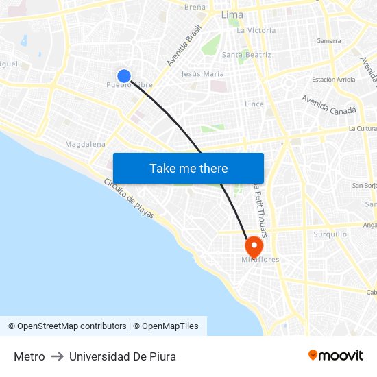 Metro to Universidad De Piura map