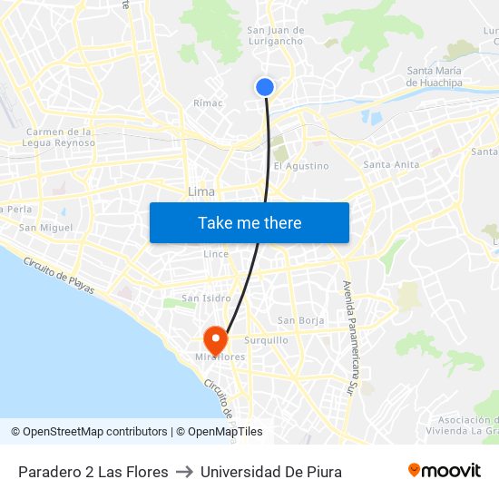 Paradero 2 Las Flores to Universidad De Piura map