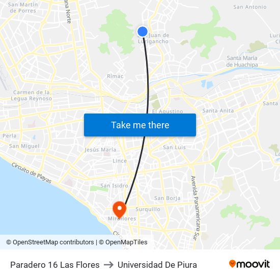 Paradero 16 Las Flores to Universidad De Piura map