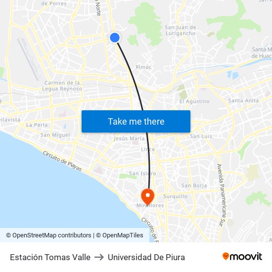 Estación Tomas Valle to Universidad De Piura map