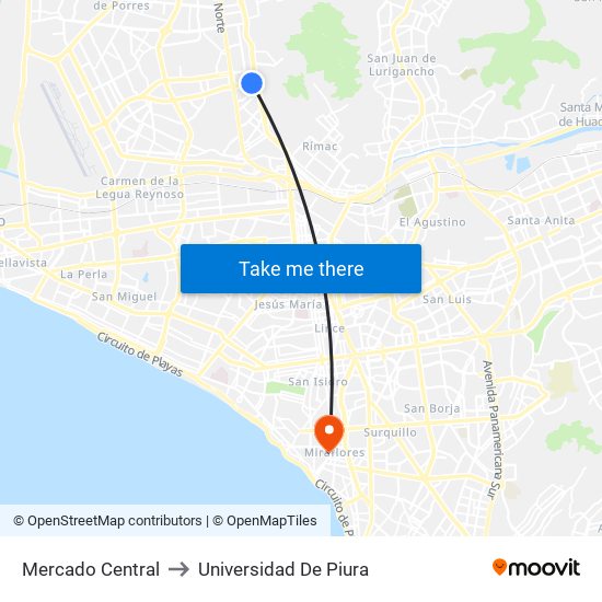 Mercado Central to Universidad De Piura map