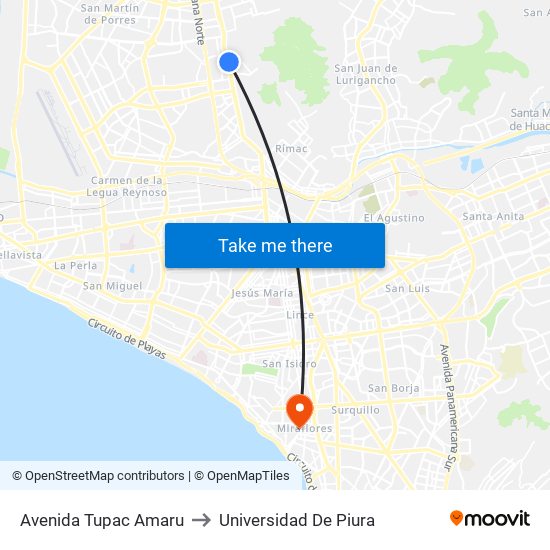 Avenida Tupac Amaru to Universidad De Piura map