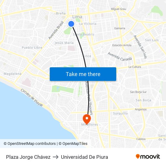 Plaza Jorge Chávez to Universidad De Piura map